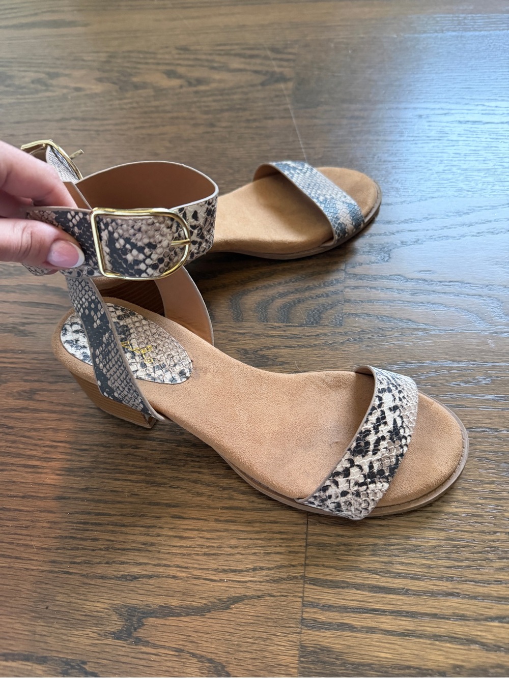 Qupid Beige Snake-Print Ankle Strap Sandals with Gold Buckle